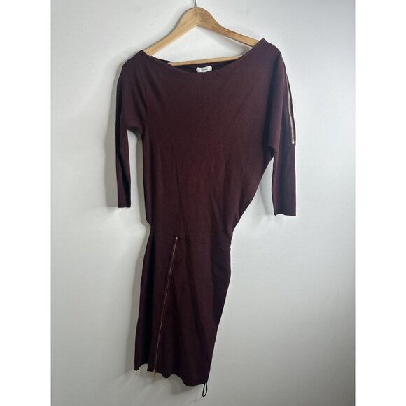 Reiss Cecilia Draped Bodycon Dress XS Burgundy Knit Long Sleeve Zip Asymmetric - Picture 1 of 12